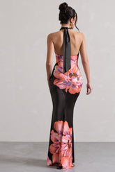 Pink Floral Satin Cross Over Halterneck Maxi Dress